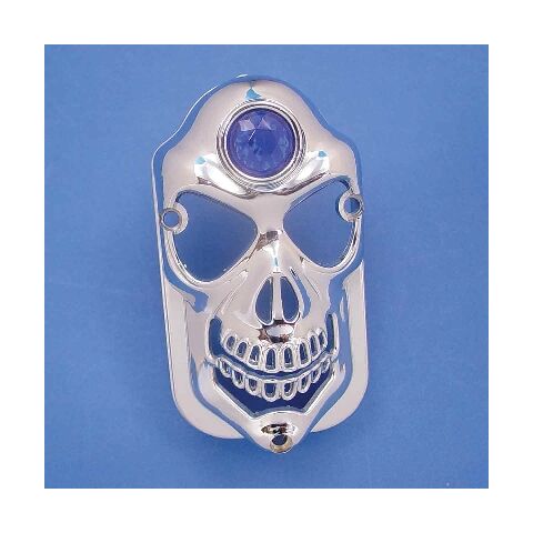 V-Twin Mfg. Chrome Tombstone Taillight Cover Skull With Blue Dot For Harley FL 1947-1954