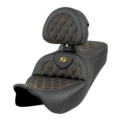 Saddlemen Roadsofa LS Lattice Stitch 2-Up Seat For Harley Touring 2008-2025 Gold Stitch / Extended Reach / With Backrest [Demo - Acceptable]