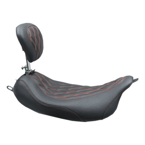 Mustang Wide Tripper Diamond Solo Seat For Harley Touring 2008-2025 With Backrest / Black w/ American Beauty Red Stitch [Blemished - Good]