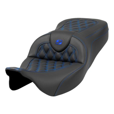 Saddlemen Roadsofa LS Lattice Stitch 2-Up Seat For Harley Touring 2008-2025 Extended Reach / With Backrest / Blue Stitch [Blemished - Good]