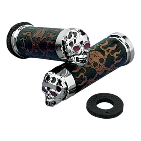 Drag Specialties Skull Grips For Harley With Dual Cable Throttle Red Eyes [Blemished - Good]