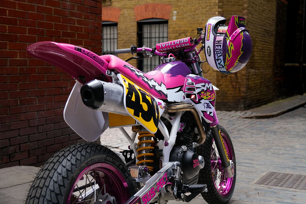 rear angle view of the brightly pastel colored custom