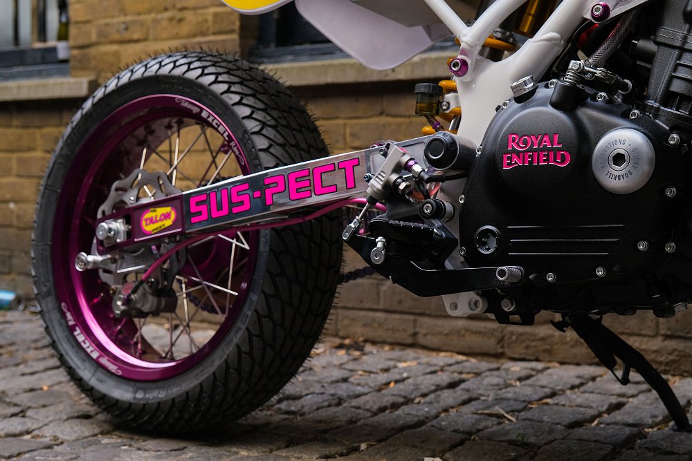 view of the rear swingarm and wheel