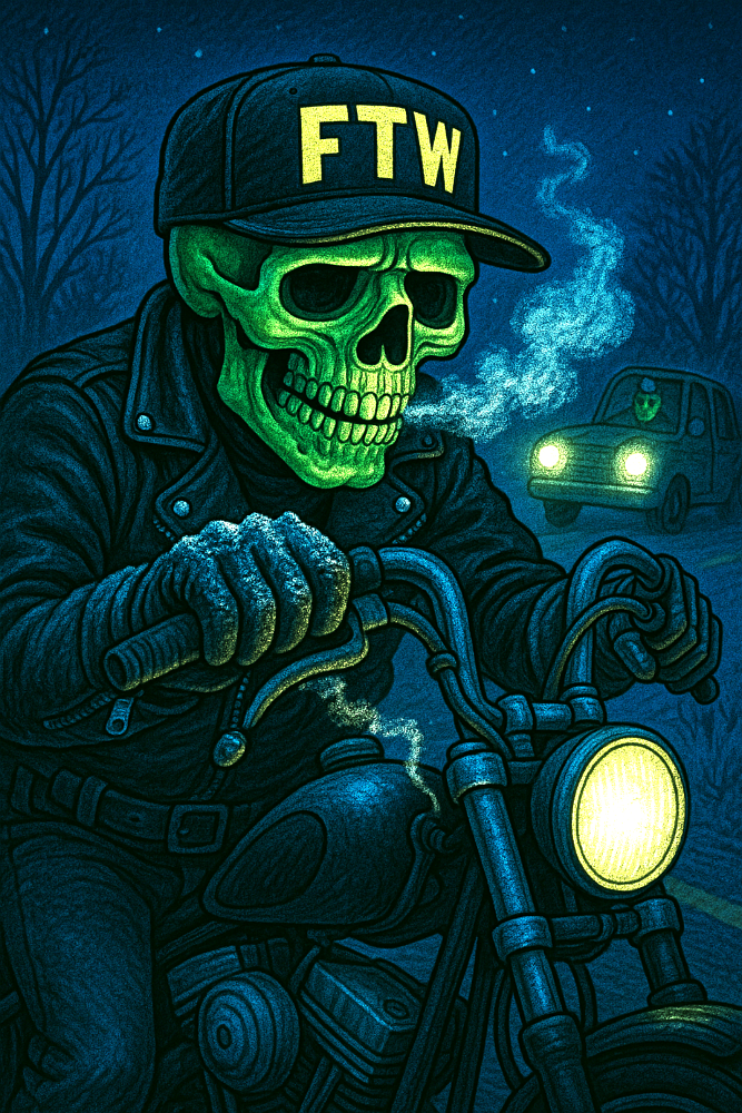 'Herman' the skeletal rider on a motorcycle at night in the cold