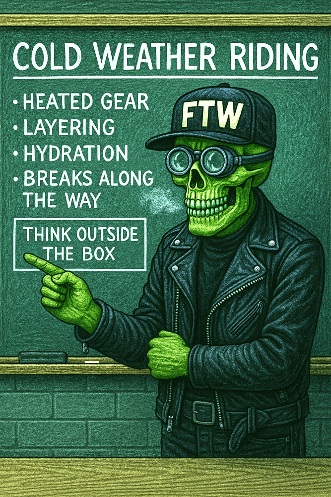 Herman pointing to a checklist on a blackboard, with 'heated gear, hydration, layers, breaks along the way'