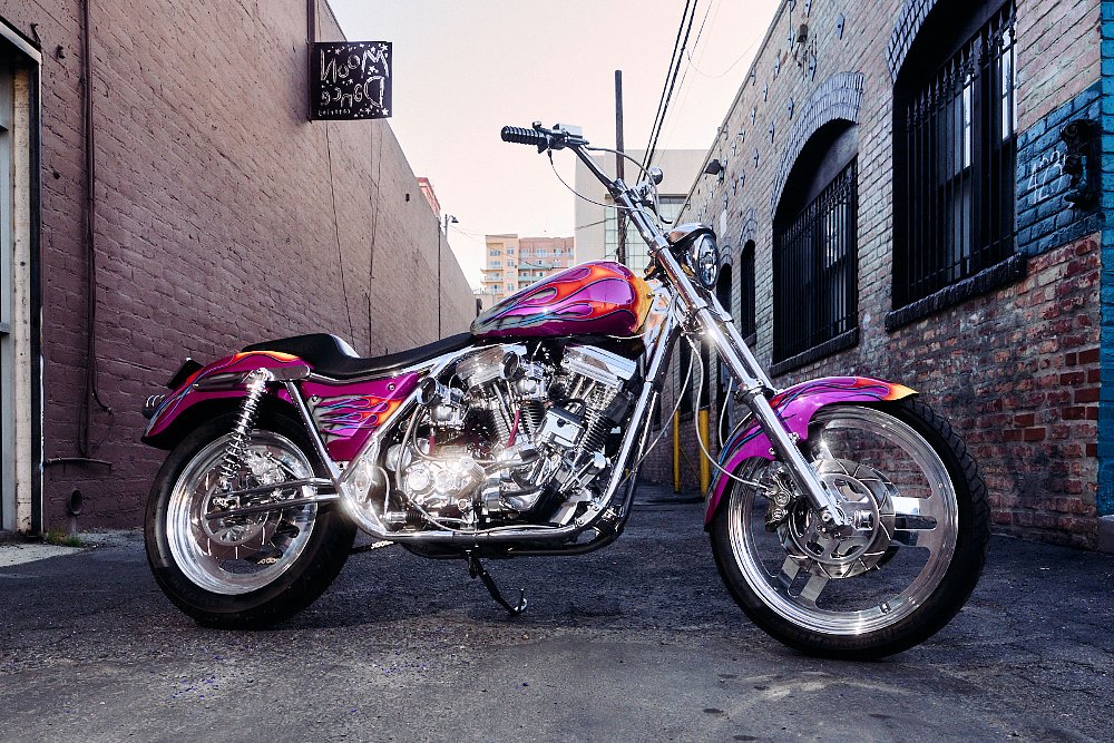side view of FXR custom with multi-colored paint and lots of chrome