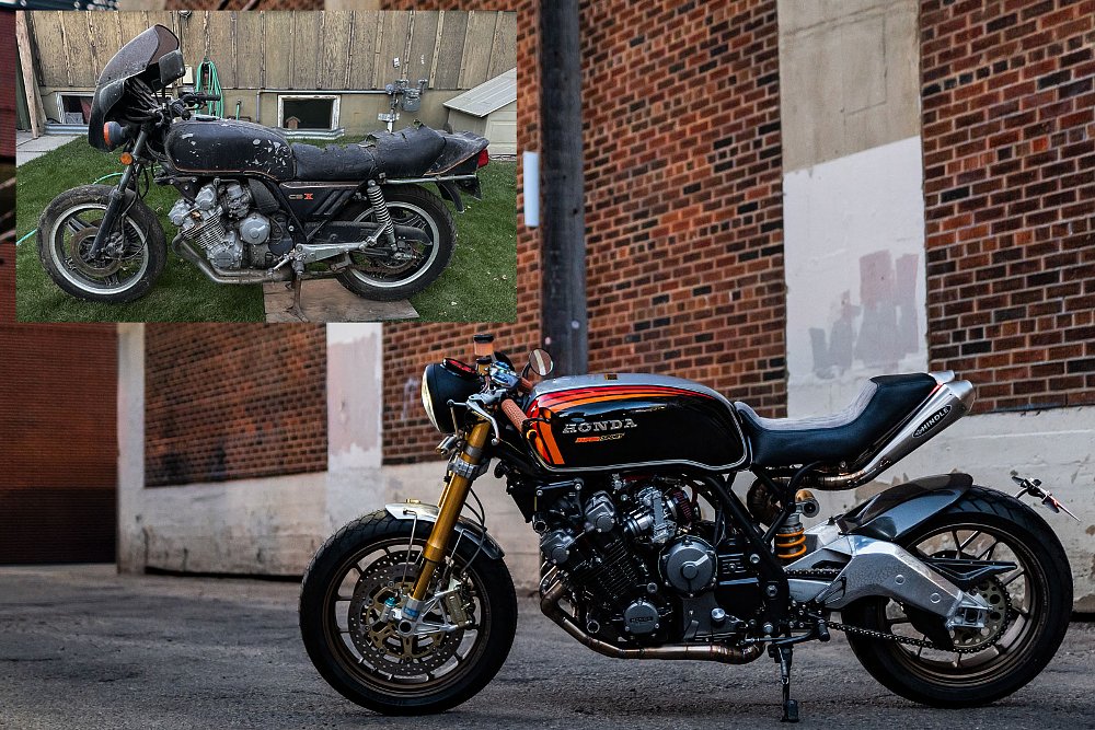 photo of the black, orange, and silver custom with an inset photo of the black, very uncared-for original