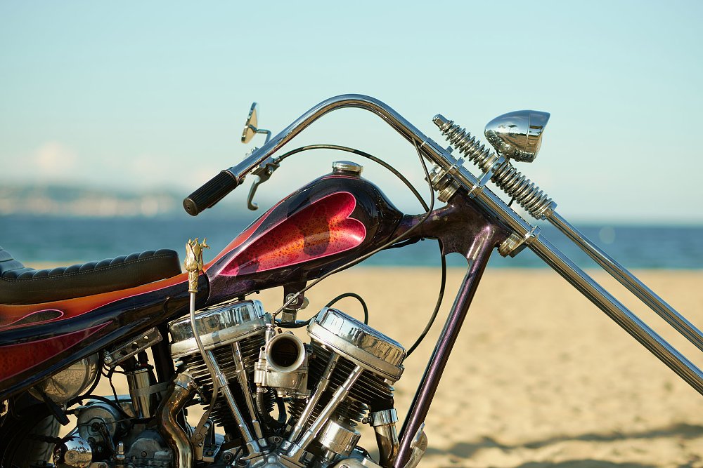 front half of the trike, with slim fuel tank and extended fork