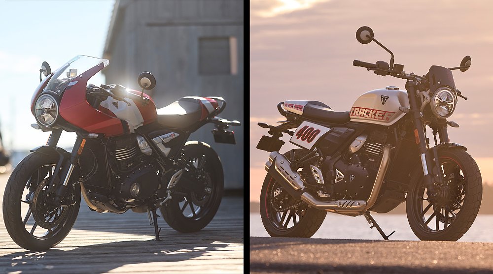 Back-to-back beauty images of the Thruxton 400 and Tracker 400.