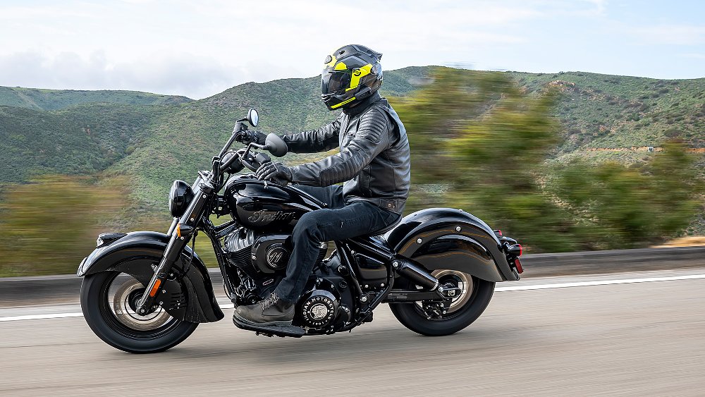 Dustin rides the Chief Vintage along a mountain road.