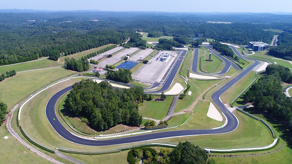 A bird's eye view of the 16-turn Barber Motorsports Park race track.