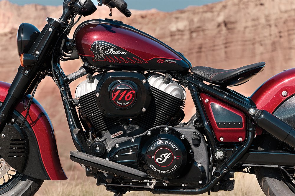 A close-up of the Chief Vintage 125th Anniversary Edition's gas tank and engine.