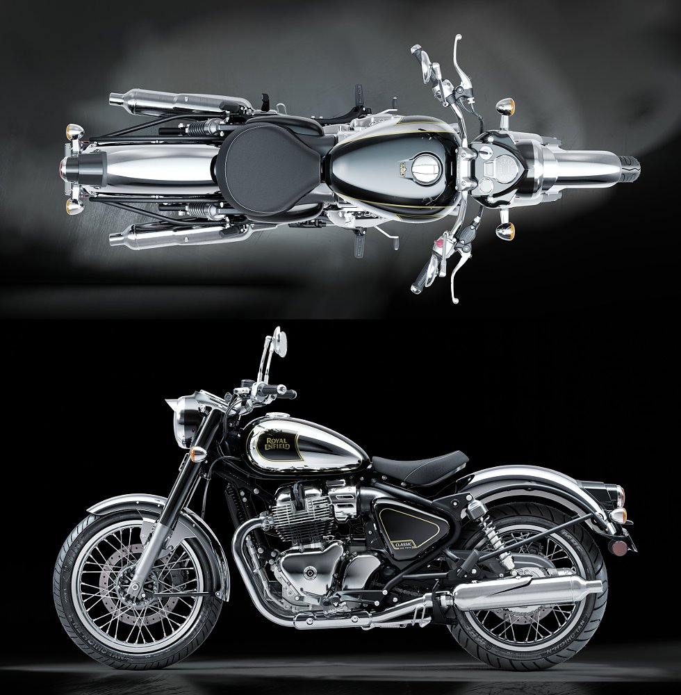 two studio photos of the Chrome Black Classic 650, one from overhead, one from the side