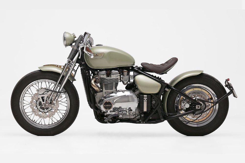 studio photo, side view of the custom bobber with low handlebar