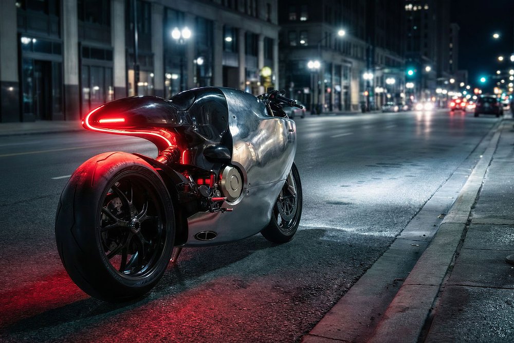 the Bandit9 custom on a street at night