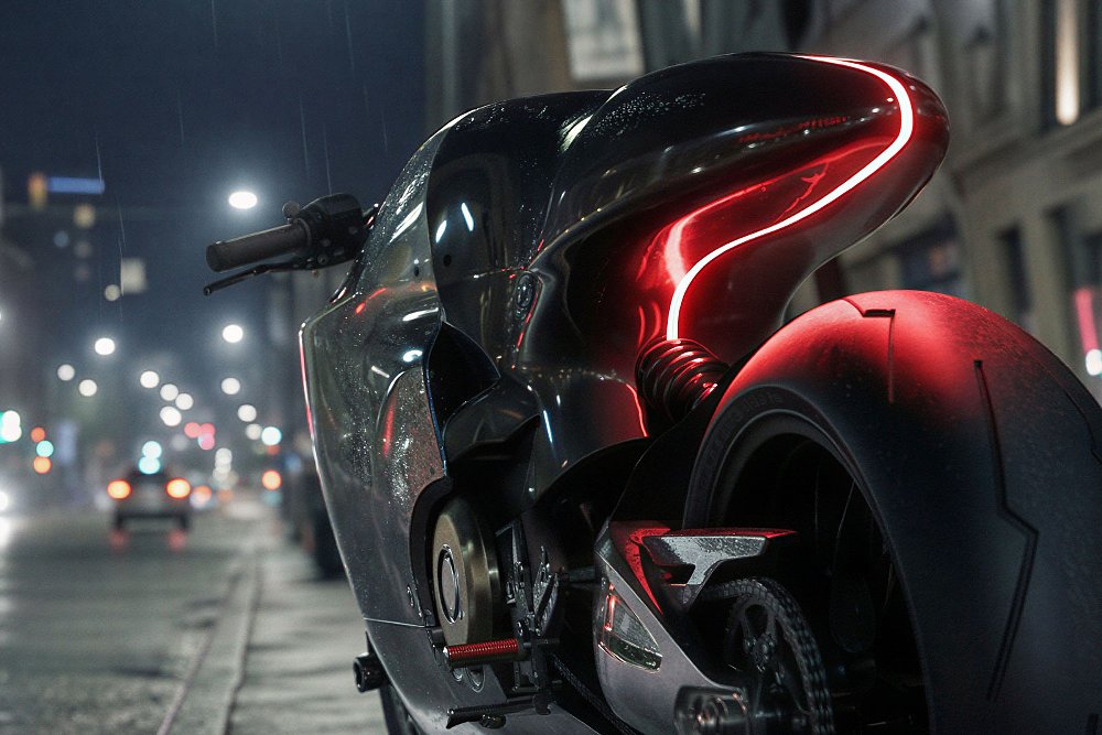 the Ducati 821 custom parked on a city street at night, seen from the rear