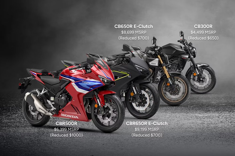 The 2026 CBR500R, CBR650R E-Clutch, CB650R E-Clutch, and CB300R captured alongside their respective prices.