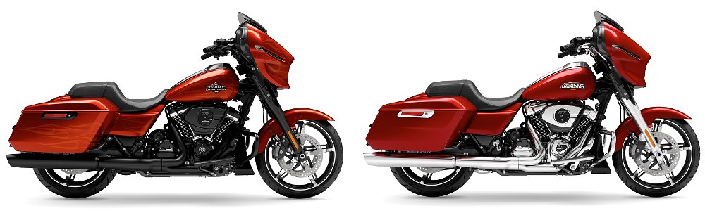 two Harley-Davidson Street Glides in orange, one with black trim and one with chrome trim