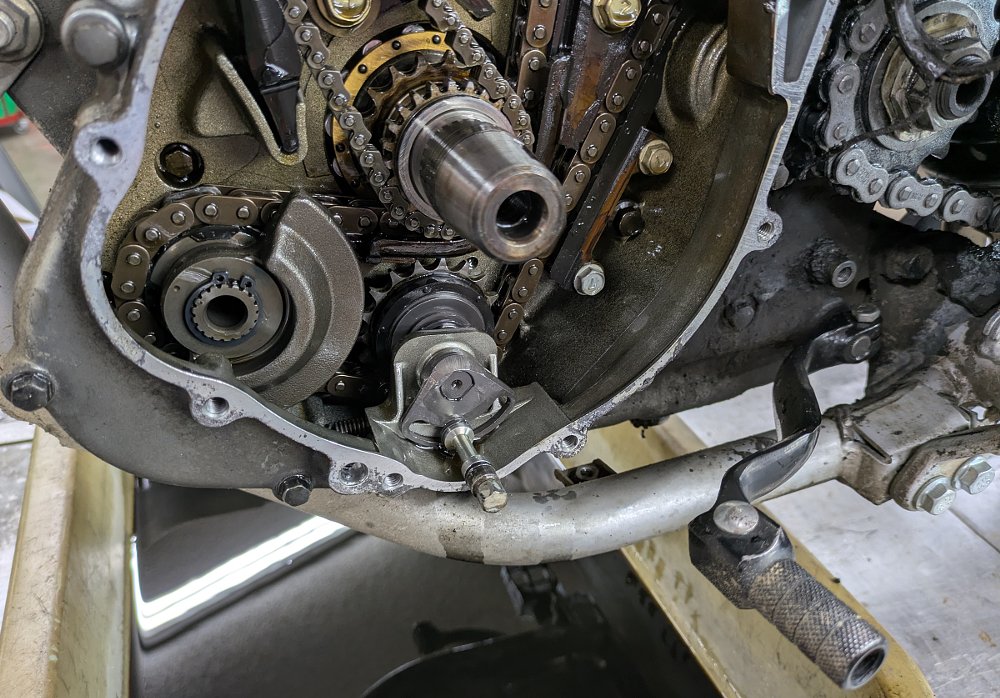 close view of the side cover off the engine showing the internals, where the 'doohickey' lives