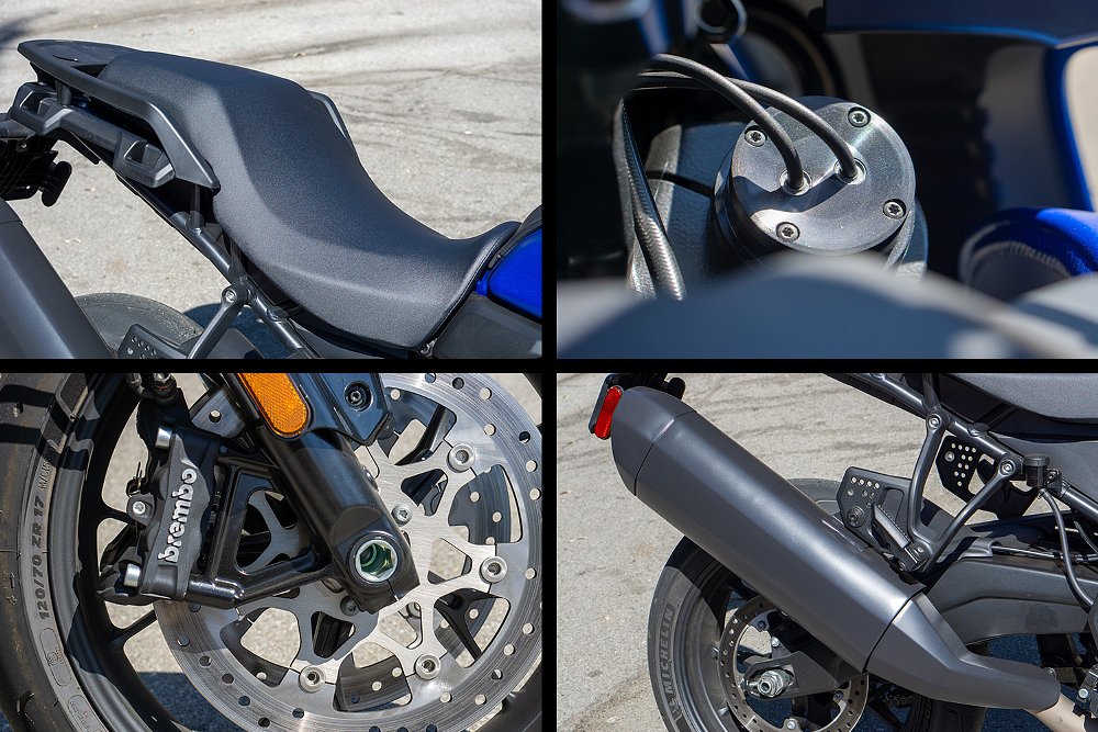 Images of the Pan America ST's seat, suspension, front wheel, and exhaust arrange in a four-pane photo.