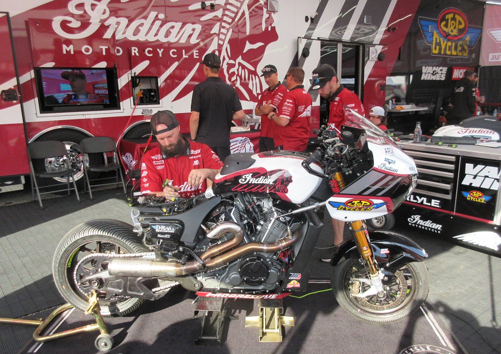 Herfoss' King of the Baggers race bike stripped down in the paddock and being prepped for the race