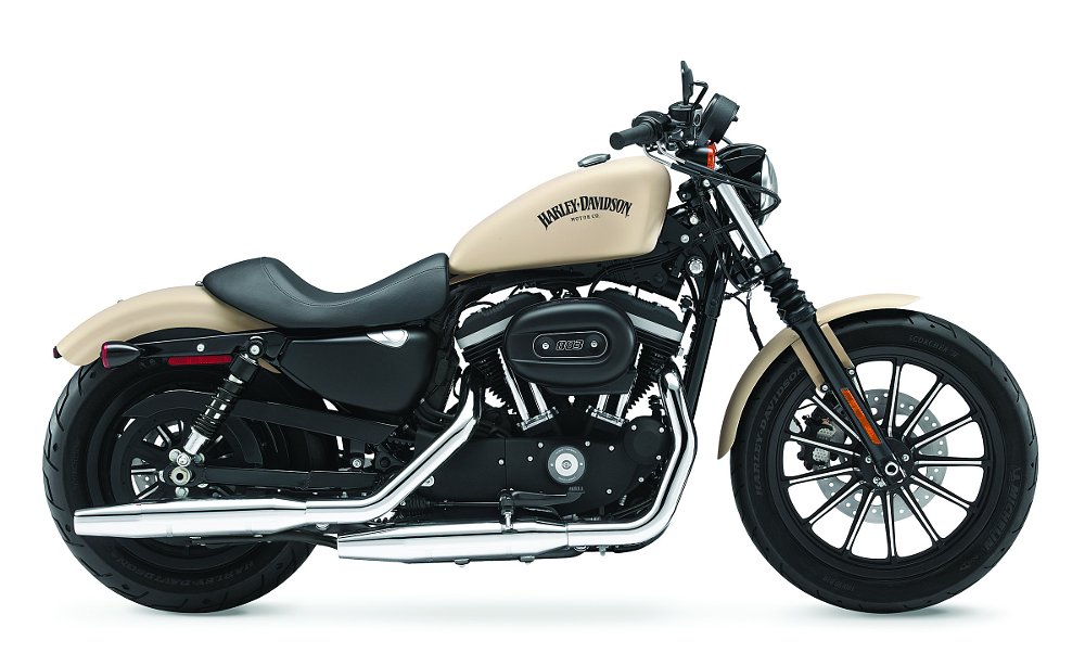 studio image of a basic, cream-colored single-seat Harley-Davidson Sportster Iron 883