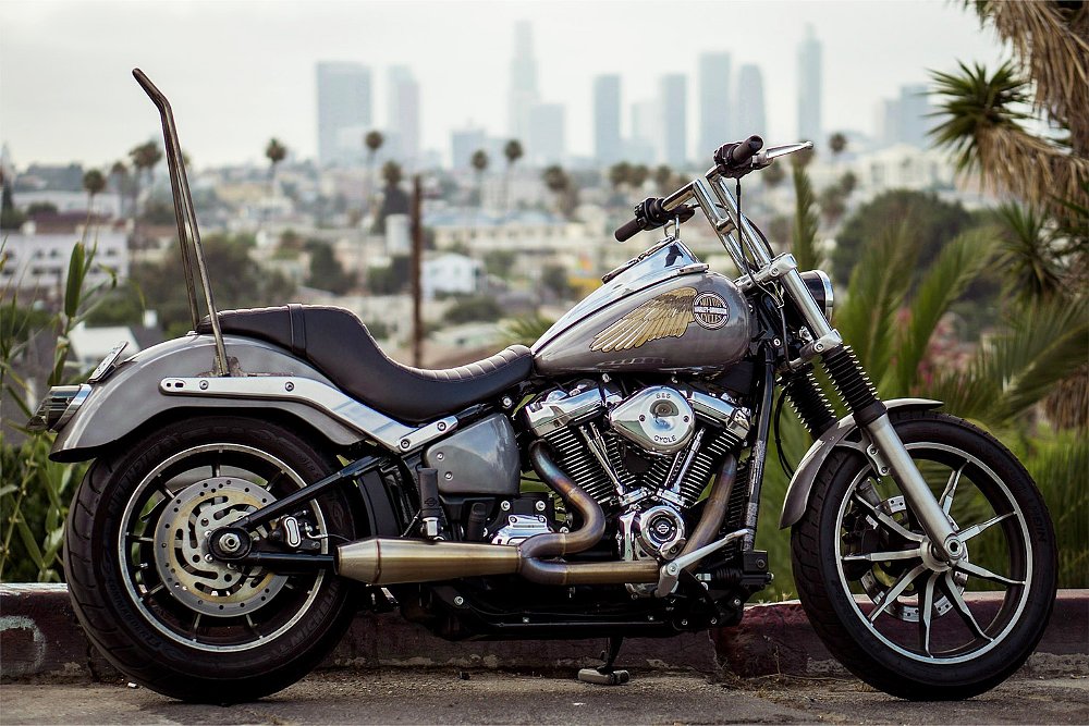 Dustin's customized Softail Low Rider pictured against the Los Angeles skyline.