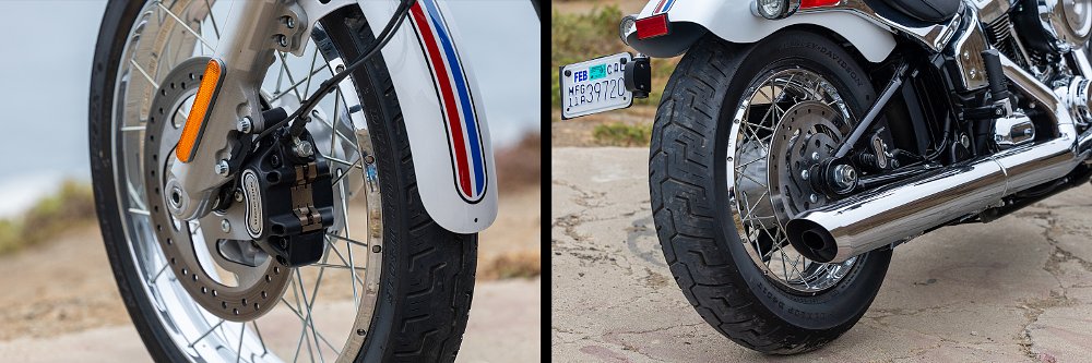 Images of the Super Glide's front and rear wheels.