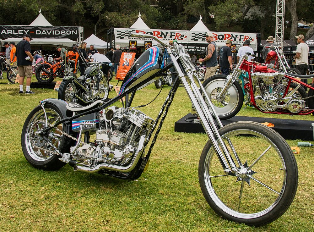 blue chopper with extended fork but dual front disc brakes
