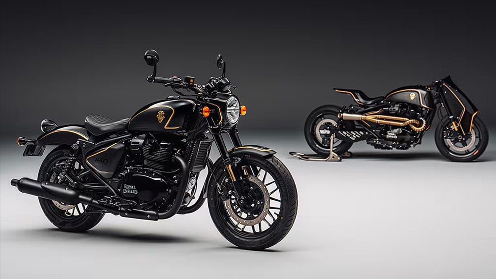 The Rough Crafts X Shotgun 650 and Caliber Royale custom photographed together.