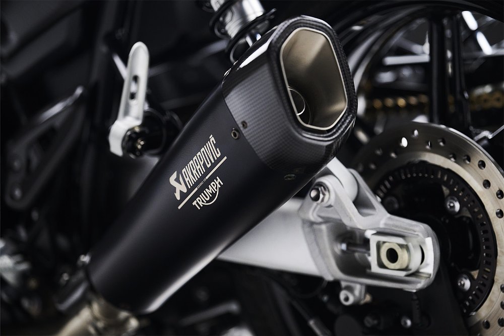 A close up of the Speed Twin TFC's Akrapovic silencer.