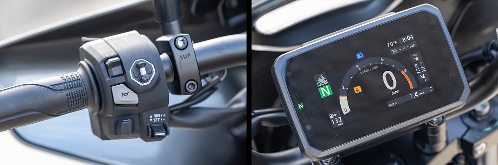 Close ups of the Rebel 1100T's switchgear and TFT dash.