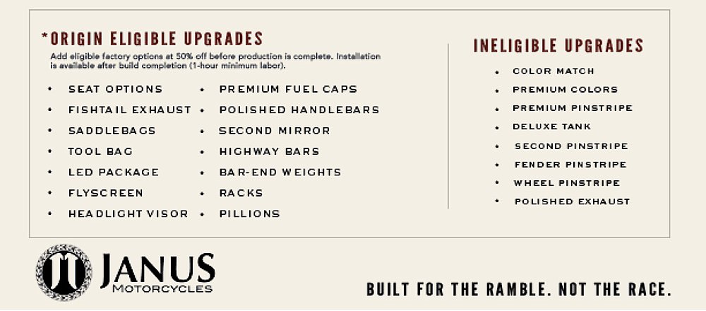 A screenshot of a promotional flyer for Janus Motorcycles' Origin Line.