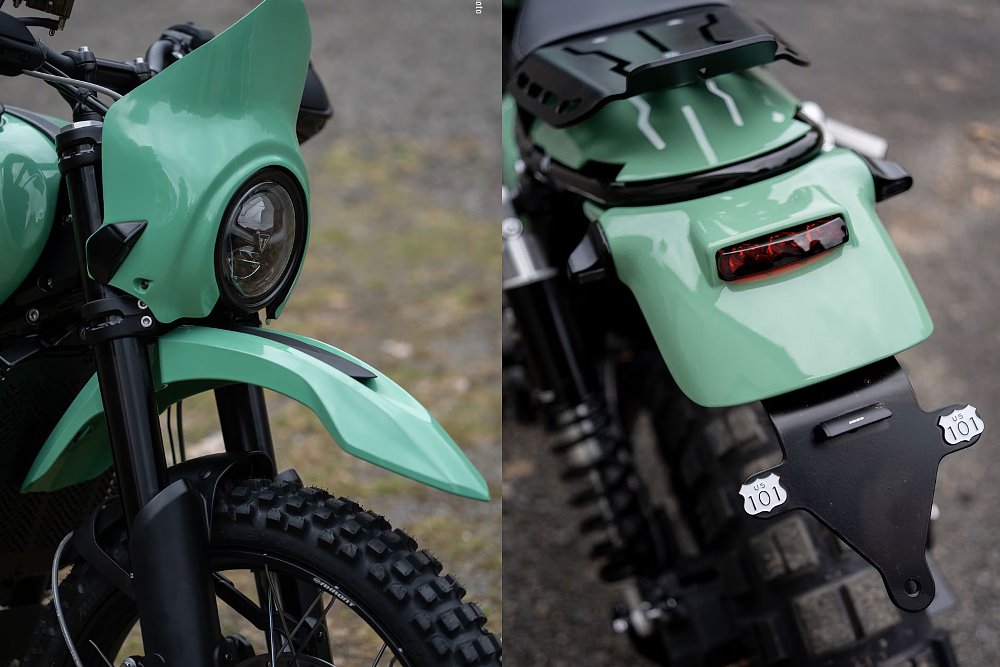 two photos showing light green bodywork with integrated LED lighting