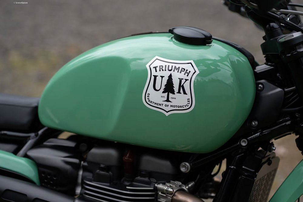 a 'Department of Motorcycles' logo on the green tank, resembling the Forest Service logo