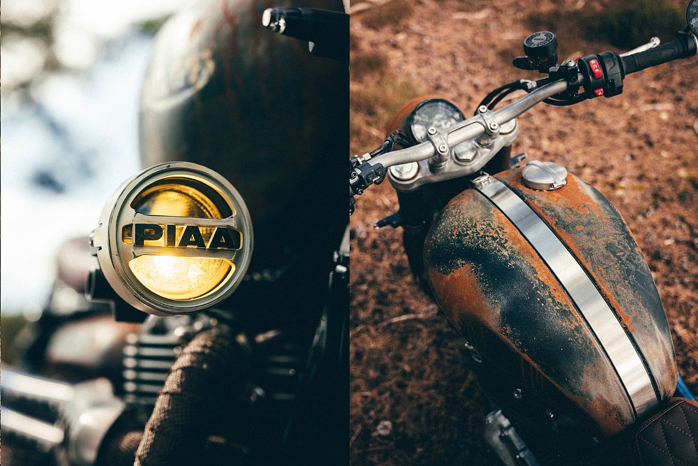 two photos showing a vintage PIAA light and a top view of the fuel tank, streaked with rust