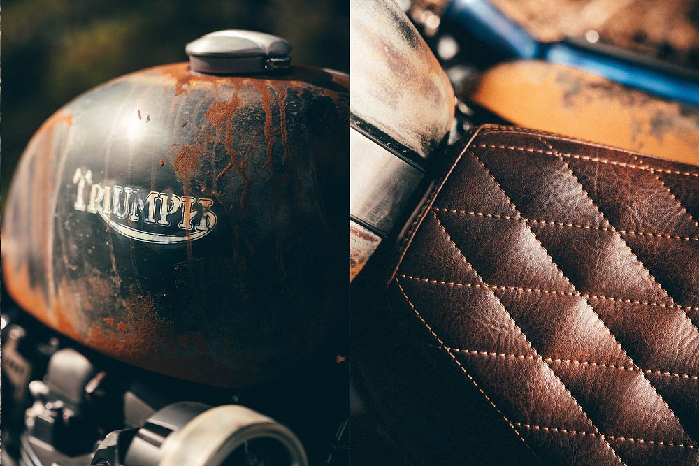 two photos showing rust on the tank and distressed brown leather on the seat