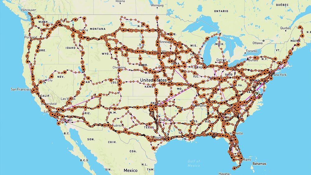 A screenshot of Patrick Cornell's 73-day route on Spotwalla GPS.