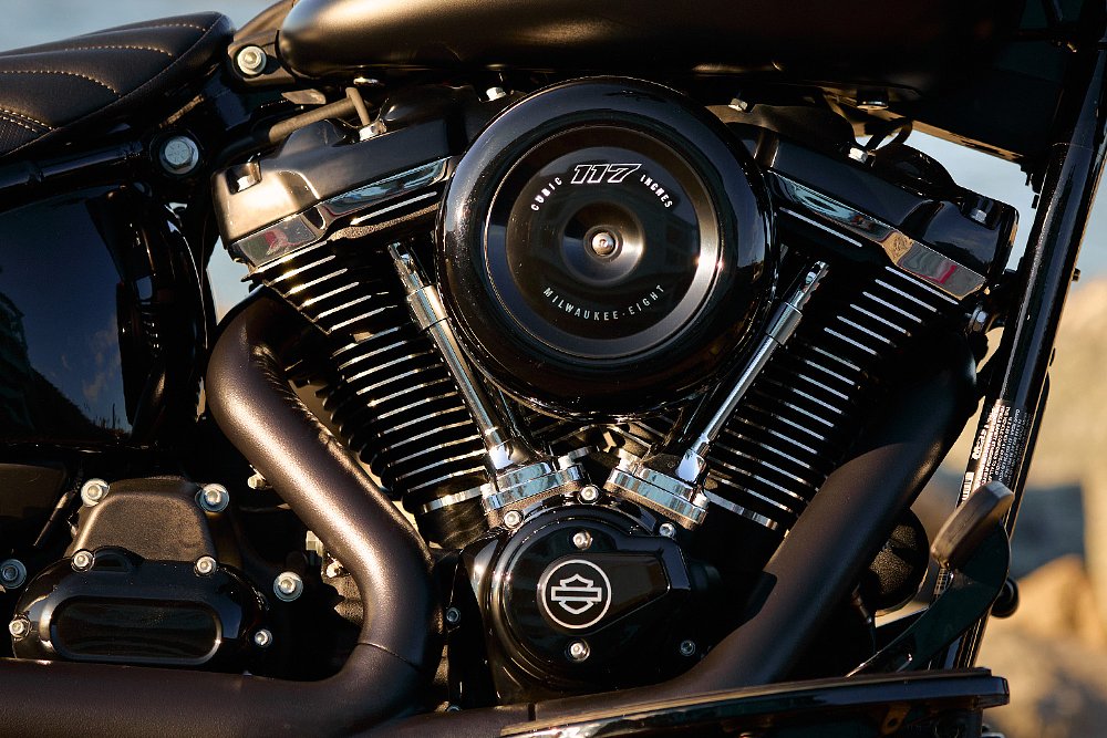 A close up of the Deadwood's Milwaukee Eight 117 V-twin.