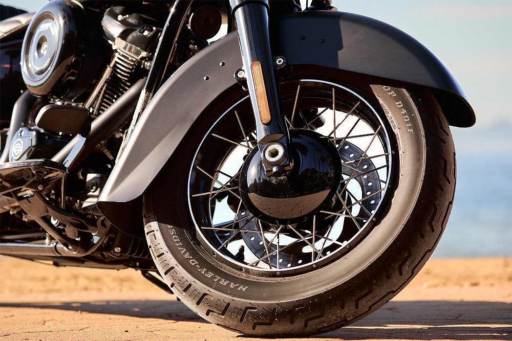 A close up of the Deadwood's front wheel.