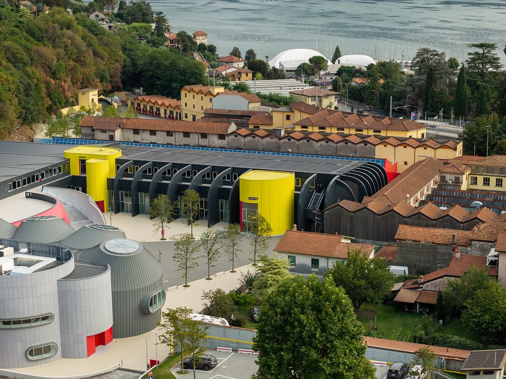 overhead shot of new modern structures alongside the old buildings
