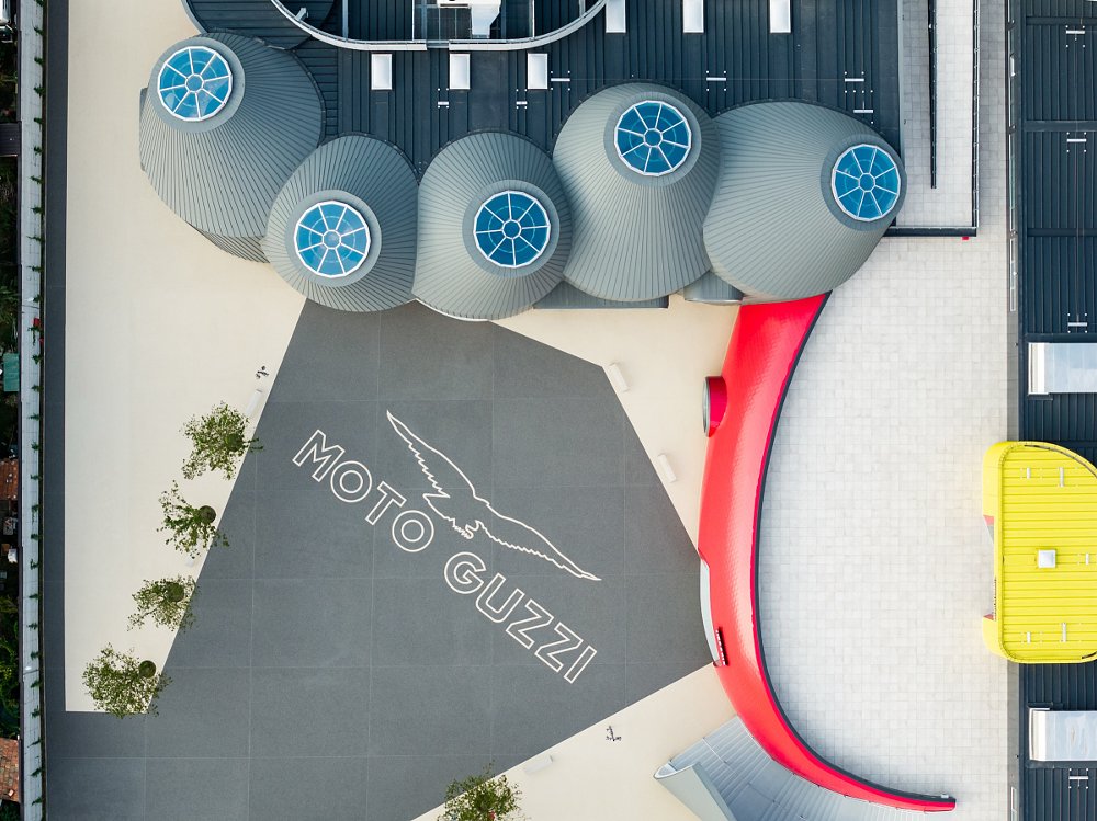 aerial view of the unusual silo structures of the museum
