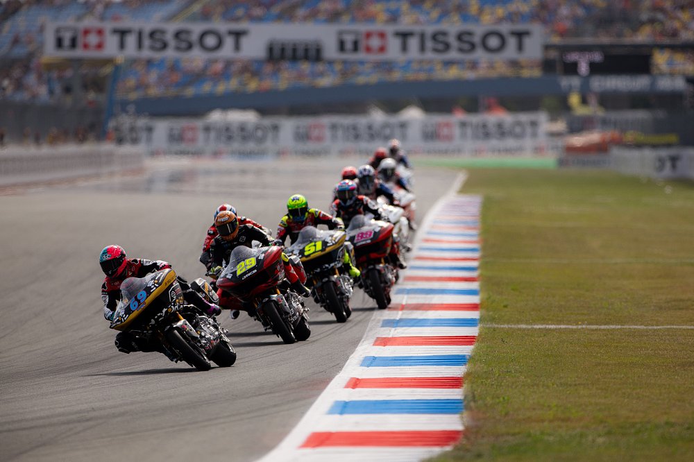 action shot of a FIM Harley-Davidson Baggers World Cup race