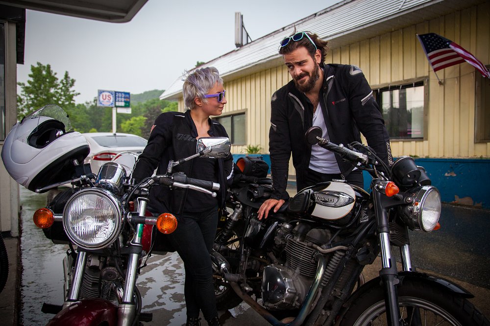 Meagan Benz and Spurgeon Dunbar with Triumph Bonneville and Suzuki TU250X