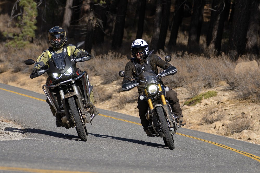 Honda Africa Twin 1100 and Scrambler 1200 XE on the street. 