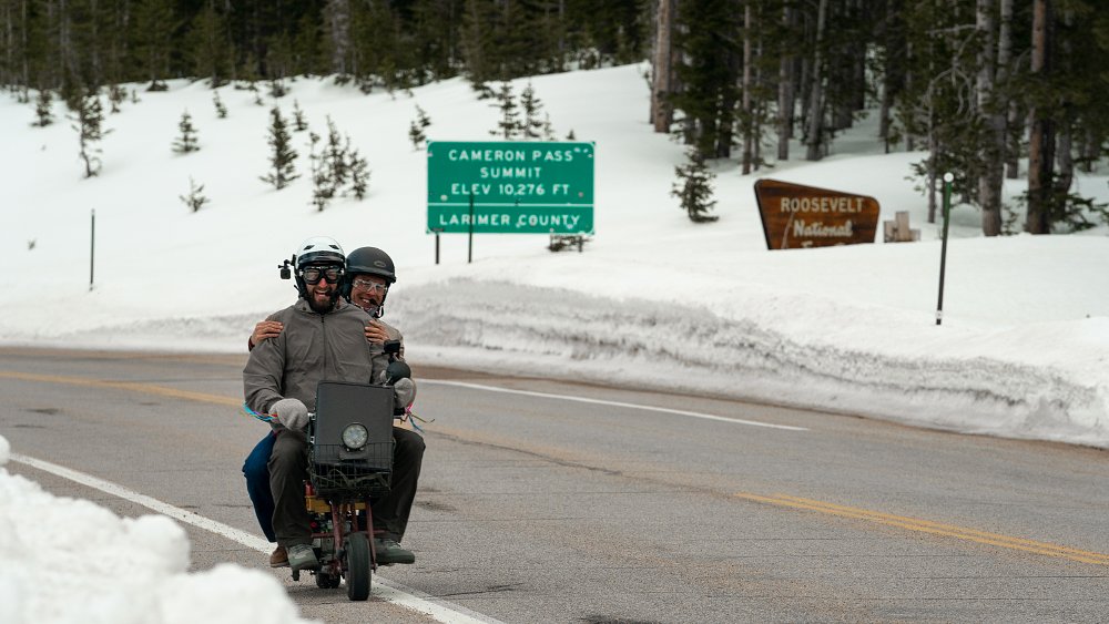 A mini bike passing through Cameron Pass in Colorado