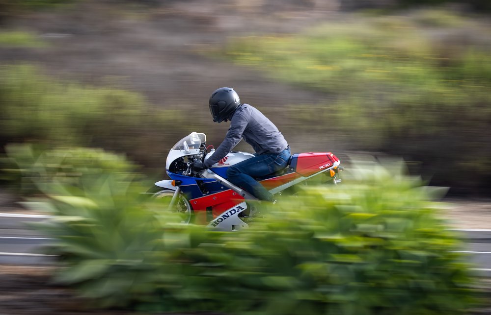 A Honda RC30 riding past green bushes in the foreground. 