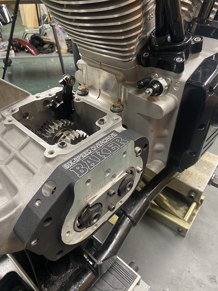 Closeup of engine and transmission being installed