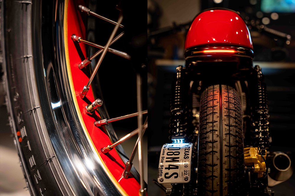 detail of wheels and tires on the Revivial Cycles Royal Enfield INT650 custom cafe racer