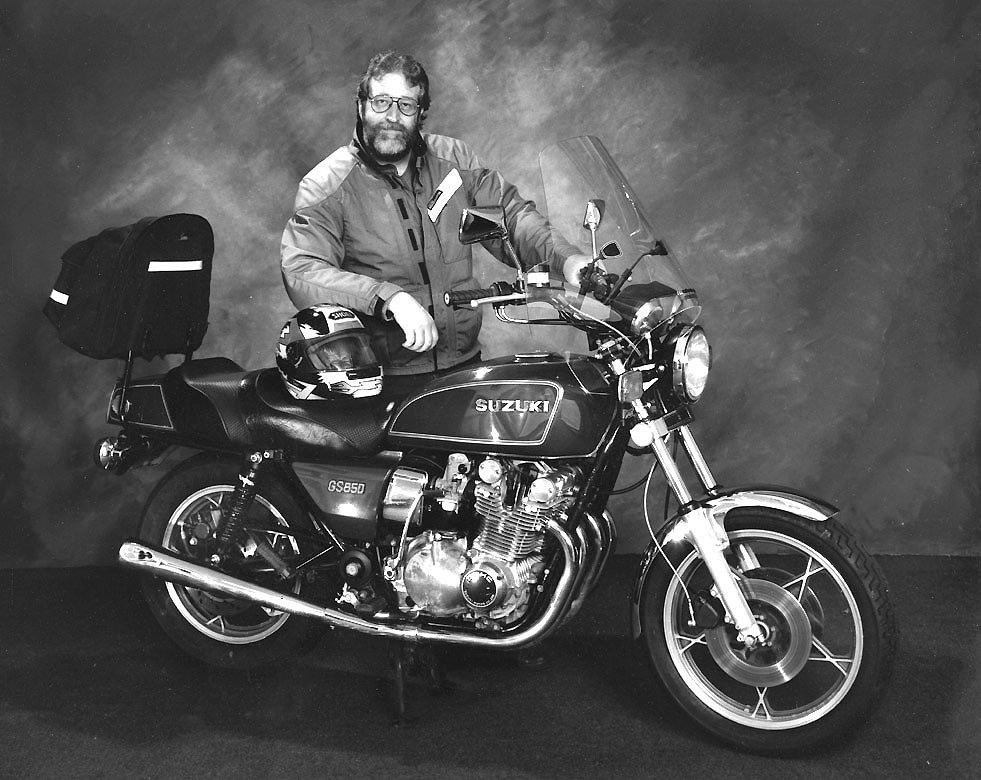 the author posing with his GS850 for a studio photo
